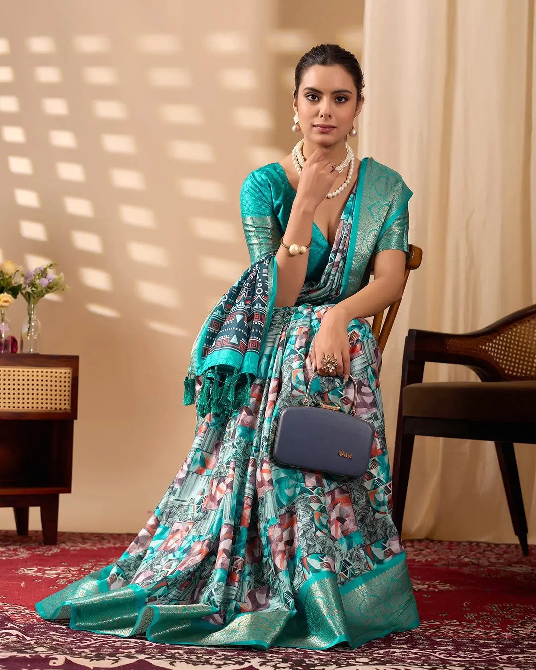 Rama Blue Artistic Abstract Floral Digital Print Soft Lichi Silk Saree